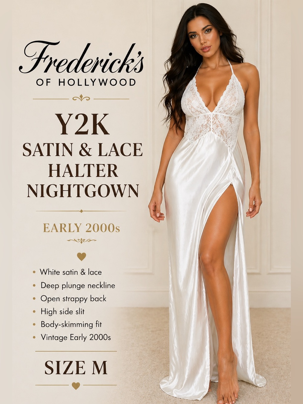 Y2K Fredericks White Satin Lace Backless Nightgown Bridal M